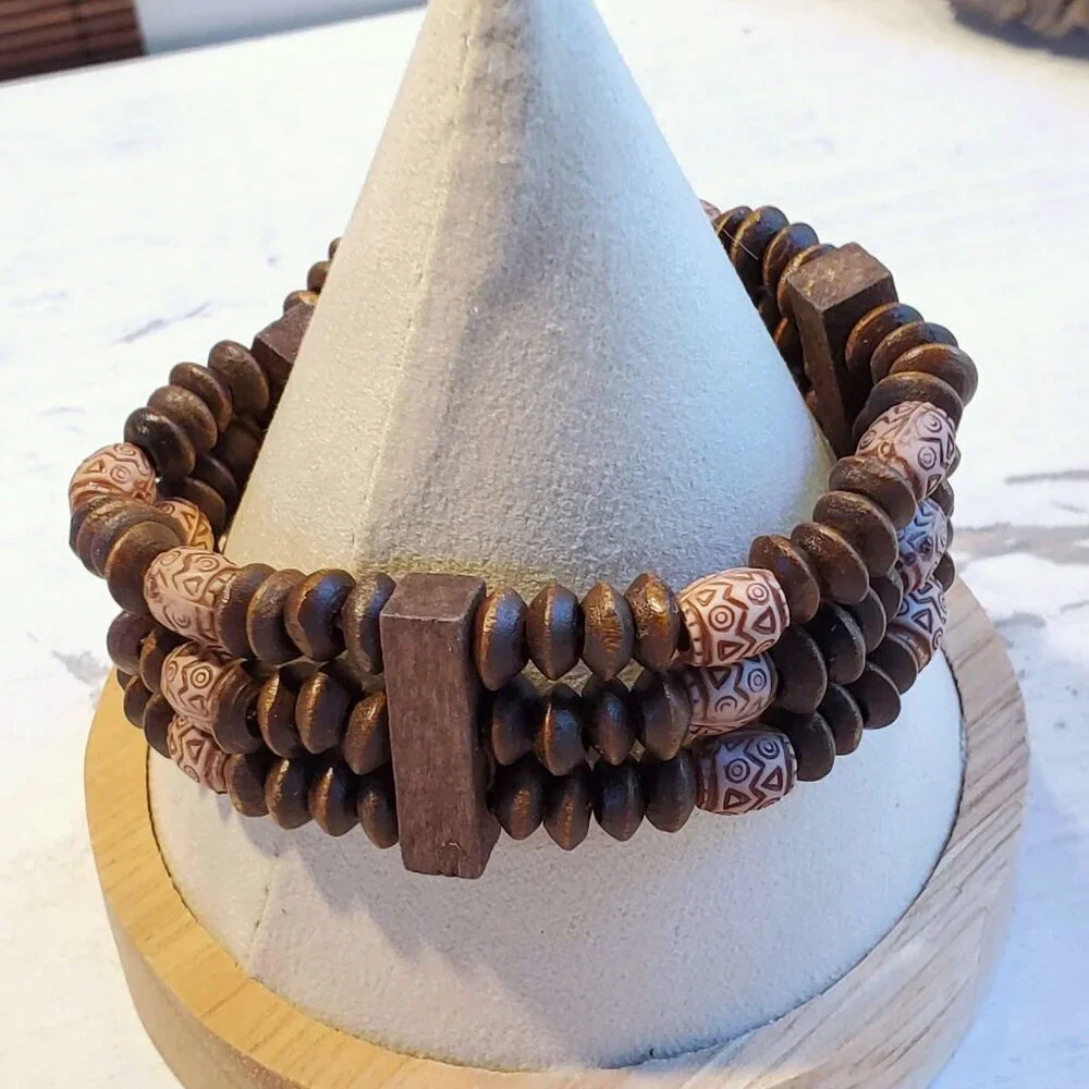 90s Y2K Vintage Boho Brown Tan Wood Acrylic Saucer Beads Stretch Bracelet